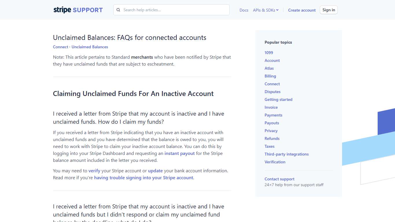 Unclaimed Balances: FAQs for connected accounts : Stripe: Help & Support