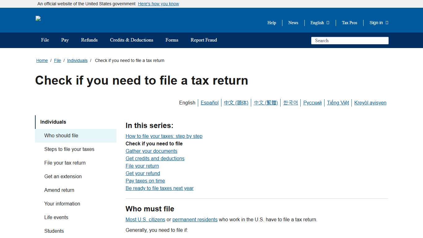 Check if you need to file a tax return | Internal Revenue Service